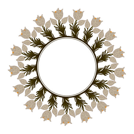 Floral Frame isolated on white background. Silhouette circle of leaves. Floral frame. Cute retro flowers, the wreath perfect for wedding invitations and birthday cardsのイラスト素材
