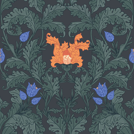Floral vintage seamless pattern for retro wallpapers. Enchanted Vintage Flowers. Arts and Crafts movement inspired. Design for wrapping paper, wallpaper, fabrics and fashion clothes.のイラスト素材