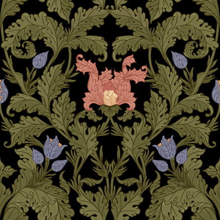 Floral vintage seamless pattern for retro wallpapers. Enchanted Vintage Flowers. Arts and Crafts movement inspired. Design for wrapping paper, wallpaper, fabrics and fashion clothes.のイラスト素材