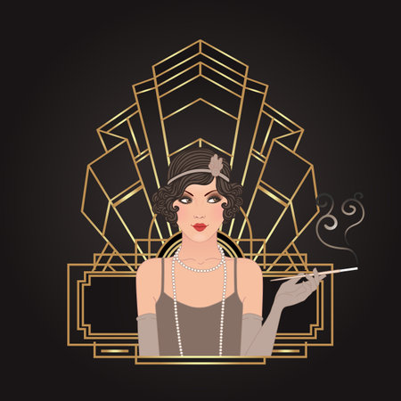 Flapper girl. Art deco 1920s style vintage invitation template design for drink list, bar menu, glamour event, thematic wedding, jazz party flyer. Vector art.のイラスト素材