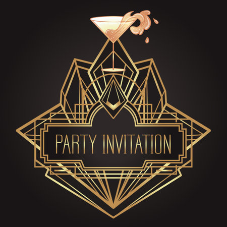 Flapper girl. Art deco 1920s style vintage invitation template design for drink list, bar menu, glamour event, thematic wedding, jazz party flyer. Vector art.のイラスト素材