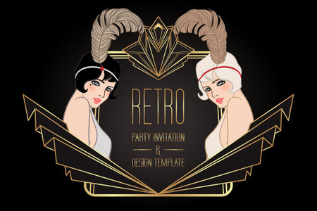 Flapper girl. Art deco 1920s style vintage invitation template design for drink list, bar menu, glamour event, thematic wedding, jazz party flyer. Vector art.のイラスト素材