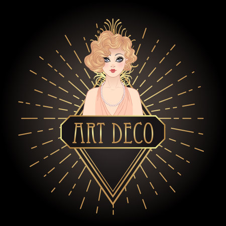 Flapper girl. Art deco 1920s style vintage invitation template design for drink list, bar menu, glamour event, thematic wedding, jazz party flyer. Vector art.のイラスト素材