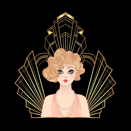 Flapper girl. Art deco 1920s style vintage invitation template design for drink list, bar menu, glamour event, thematic wedding, jazz party flyer. Vector art.のイラスト素材