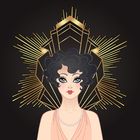 Flapper girl. Art deco 1920s style vintage invitation template design for drink list, bar menu, glamour event, thematic wedding, jazz party flyer. Vector art.のイラスト素材