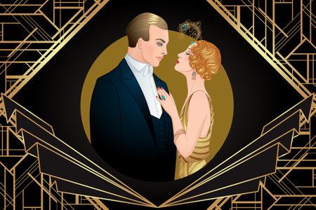 Flapper girl. Art deco 1920s style vintage invitation template design for drink list, bar menu, glamour event, thematic wedding, jazz party flyer. Vector art.のイラスト素材