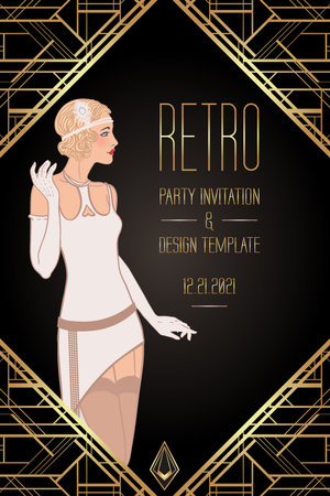 Flapper girl. Art deco 1920s style vintage invitation template design for drink list, bar menu, glamour event, thematic wedding, jazz party flyer. Vector art.のイラスト素材
