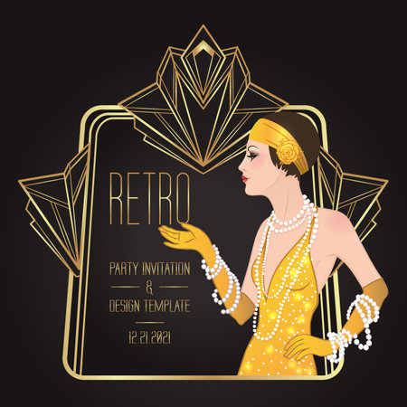 Flapper girl. Art deco 1920s style vintage invitation template design for drink list, bar menu, glamour event, thematic wedding, jazz party flyer. Vector art.のイラスト素材
