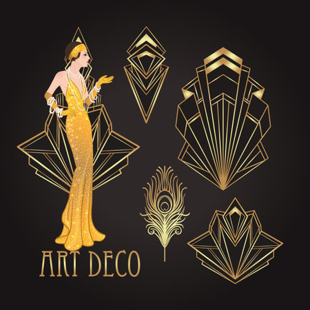 Flapper girl. Art deco 1920s style vintage invitation template design for drink list, bar menu, glamour event, thematic wedding, jazz party flyer. Vector art.のイラスト素材