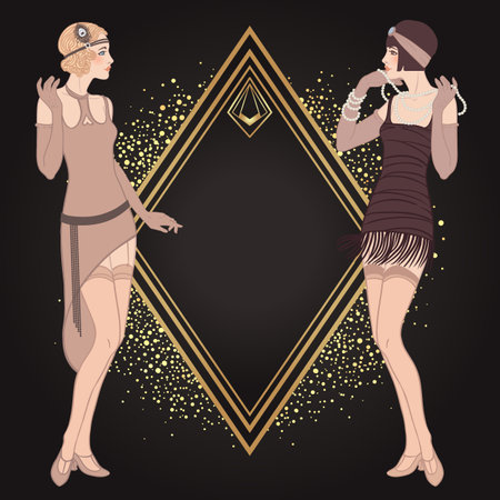 Flapper girl. Art deco 1920s style vintage invitation template design for drink list, bar menu, glamour event, thematic wedding, jazz party flyer. Vector art.のイラスト素材