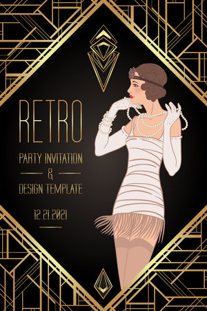 Flapper girl. Art deco 1920s style vintage invitation template design for drink list, bar menu, glamour event, thematic wedding, jazz party flyer. Vector art.のイラスト素材