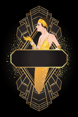 Flapper girl. Art deco 1920s style vintage invitation template design for drink list, bar menu, glamour event, thematic wedding, jazz party flyer. Vector art.のイラスト素材