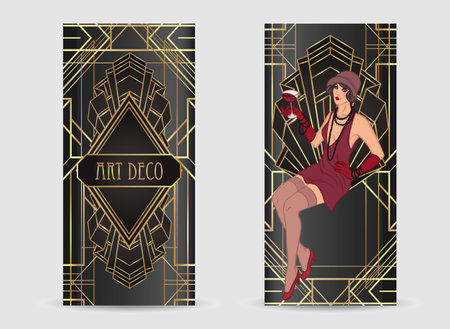 Flapper girl. Art deco 1920s style vintage invitation template design for drink list, bar menu, glamour event, thematic wedding, jazz party flyer. Vector art.のイラスト素材