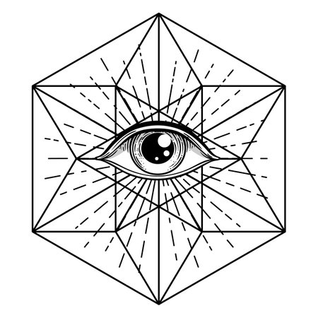 Blackwork tattoo flash. Eye of Providence. Masonic symbol. All seeing eye inside triangle pyramid. New World Order. Sacred geometry, religion, spirituality, occultism. Isolated vector illustration.のイラスト素材