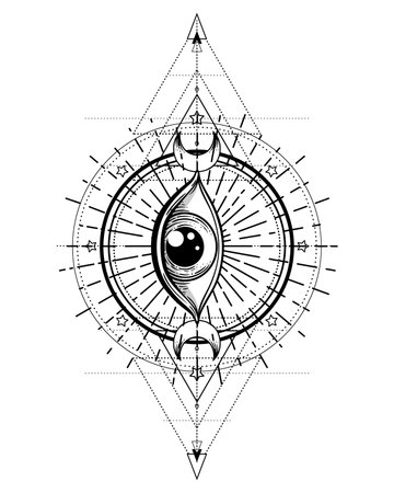 Blackwork tattoo flash. Eye of Providence. Masonic symbol. All seeing eye inside triangle pyramid. New World Order. Sacred geometry, religion, spirituality, occultism. Isolated vector illustration.のイラスト素材