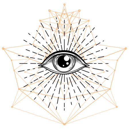 Blackwork tattoo flash. Eye of Providence. Masonic symbol. All seeing eye inside triangle pyramid. New World Order. Sacred geometry, religion, spirituality, occultism. Isolated vector illustration.のイラスト素材