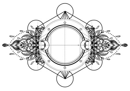 Flower of life, Sacred Geometry. Ayurveda symbol of harmony and balance, universe. Tattoo flesh design, yoga logo. Boho print, poster, t-shirt textile. Anti stress book. Isolated vector illustration.のイラスト素材