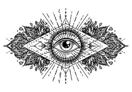 Blackwork tattoo flash. Eye of Providence. Masonic symbol. All seeing eye inside triangle pyramid. New World Order. Sacred geometry, religion, spirituality, occultism. Isolated vector illustration.のイラスト素材
