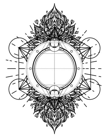 Flower of life, Sacred Geometry. Ayurveda symbol of harmony and balance, universe. Tattoo flesh design, yoga logo. Boho print, poster, t-shirt textile. Anti stress book. Isolated vector illustration.のイラスト素材