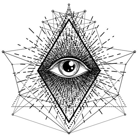 Blackwork tattoo flash. Eye of Providence. Masonic symbol. All seeing eye inside triangle pyramid. New World Order. Sacred geometry, religion, spirituality, occultism. Isolated vector illustration.のイラスト素材
