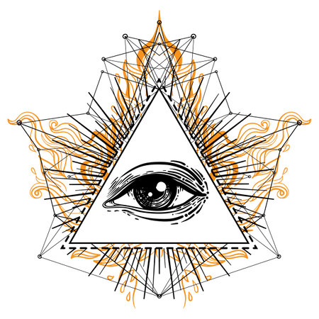 Blackwork tattoo flash. Eye of Providence. Masonic symbol. All seeing eye inside triangle pyramid. New World Order. Sacred geometry, religion, spirituality, occultism. Isolated vector illustration.のイラスト素材