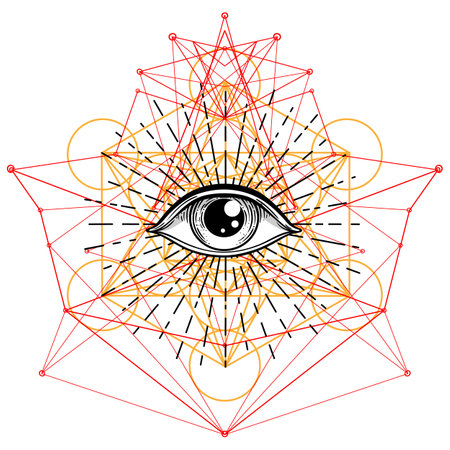 Blackwork tattoo flash. Eye of Providence. Masonic symbol. All seeing eye inside triangle pyramid. New World Order. Sacred geometry, religion, spirituality, occultism. Isolated vector illustration.のイラスト素材
