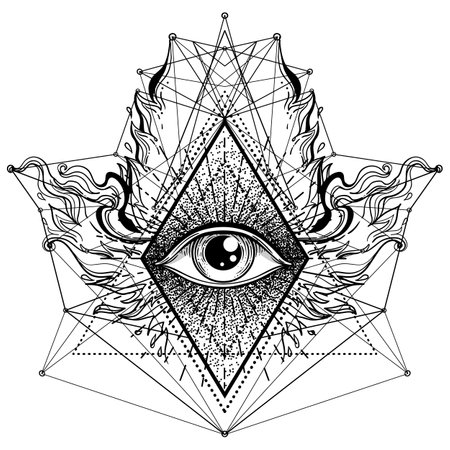 Blackwork tattoo flash. Eye of Providence. Masonic symbol. All seeing eye inside triangle pyramid. New World Order. Sacred geometry, religion, spirituality, occultism. Isolated vector illustration.のイラスト素材