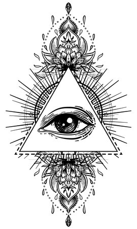 Blackwork tattoo flash. Eye of Providence. Masonic symbol. All seeing eye inside triangle pyramid. New World Order. Sacred geometry, religion, spirituality, occultism. Isolated vector illustration.のイラスト素材