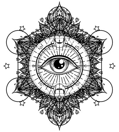 Blackwork tattoo flash. Eye of Providence. Masonic symbol. All seeing eye inside triangle pyramid. New World Order. Sacred geometry, religion, spirituality, occultism. Isolated vector illustration.のイラスト素材