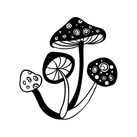 Magic mushrooms. Psychedelic hallucination. Outline vector illustration isolated on white. 60s hippie art. Coloring book for kids and adults.のイラスト素材