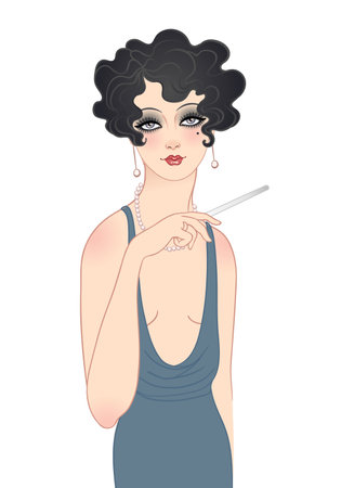 Art Deco vintage illustration of flapper girl. Retro party character in 1920s style. Vector design for glamour event or jazz party.のイラスト素材