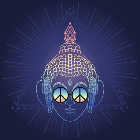 Peace and Love. Colorful Buddha in rainbow glasses listening to the music in headphones. Vector illustration. Hippie peace sign on sunglasses. Psychedelic concept. Buddhism, trance music. Esoteric artのイラスト素材