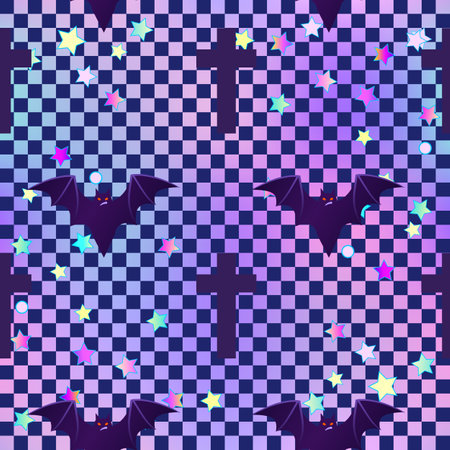Kawaii funny spooky seamless pattern with chequer. Halloween wrapping paper background, neon pastel colors. Cute gothic style. Vanilla rainbow concept.のイラスト素材