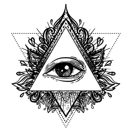 Blackwork tattoo flash. Eye of Providence. Masonic symbol. All seeing eye inside triangle pyramid. New World Order. Sacred geometry, religion, spirituality, occultism. Isolated vector illustration.のイラスト素材