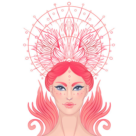 Lady of Sorrow. Devotion to the Immaculate Heart of Blessed Virgin Mary, Queen of Heaven. Vector illustration over halo or ornate mandala isolated. Hand-drawn, religion, spirituality, occultism.のイラスト素材