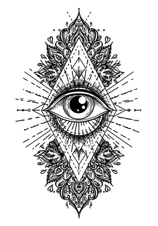 Blackwork tattoo flash. Eye of Providence. Masonic symbol. All seeing eye inside triangle pyramid. New World Order. Sacred geometry, religion, spirituality, occultism. Isolated vector illustration.のイラスト素材