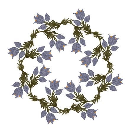 Floral Frame isolated on white background. Silhouette circle of leaves. Floral frame. Cute retro flowers, the wreath perfect for wedding invitations and birthday cardsのイラスト素材