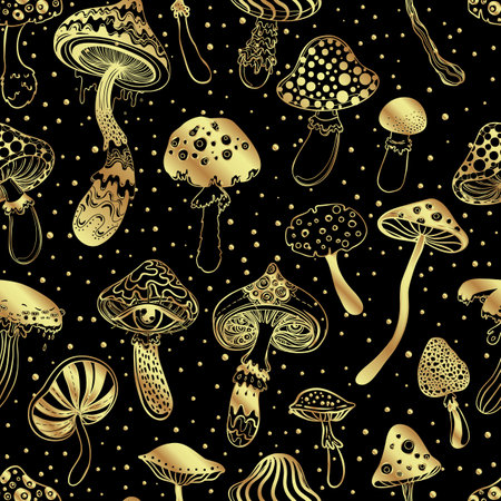 Magic mushrooms golden seamless pattern. Psychedelic hallucination. 60s hippie colorful art. Vintage psychedelic textile, fabric, wrapping, wallpaper. Vector repeating illustration.のイラスト素材