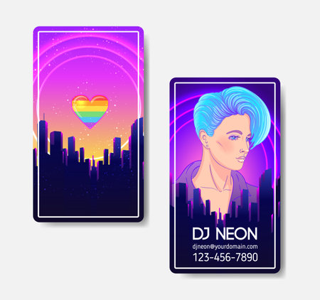 Futuristic synth wave style. Retroparty flyer template. Portrait of a young pretty androgynous woman with short shaved pixie undercut in retro futurism style. Vector illustration in neon bright colorのイラスト素材