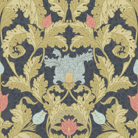 Floral vintage seamless pattern for retro wallpapers. Enchanted Vintage Flowers. Arts and Crafts movement inspired. Design for wrapping paper, wallpaper, fabrics and fashion clothes.のイラスト素材
