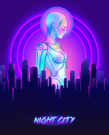 Portrait of robot android woman in retro futurism style. Vector illustration . of a cyborg in glowing neon bright colors. futuristic synth wave flyer template. Cyber technology.の写真素材