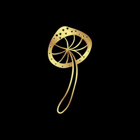 Magic mushrooms. Psychedelic hallucination. Gold vector illustration isolated on black. 60s hippie art. Coloring book for kids and adults.のイラスト素材