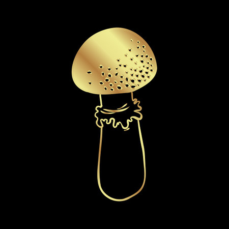 Magic mushrooms. Psychedelic hallucination. Gold vector illustration isolated on black. 60s hippie art. Coloring book for kids and adults.のイラスト素材