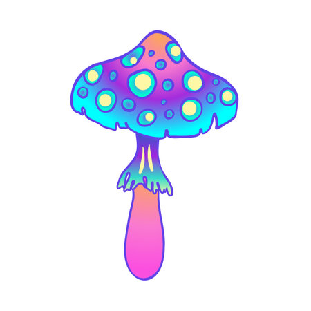 Magic mushrooms. Psychedelic hallucination. Vibrant vector illustration isolated on white. 60s hippie colorful art in vivid acid colors. Sticker, patch, poster graphic design.のイラスト素材