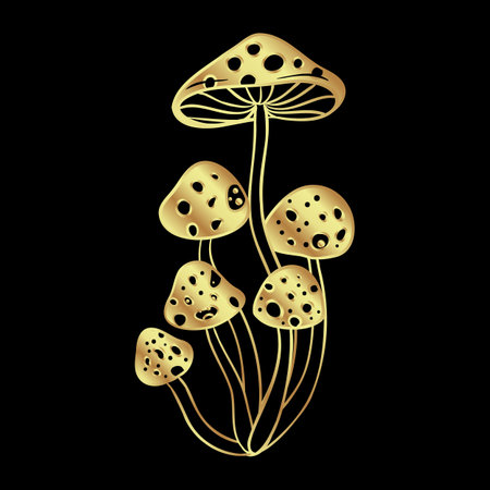 Magic mushrooms. Psychedelic hallucination. Gold vector illustration isolated on black. 60s hippie art. Coloring book for kids and adults.のイラスト素材