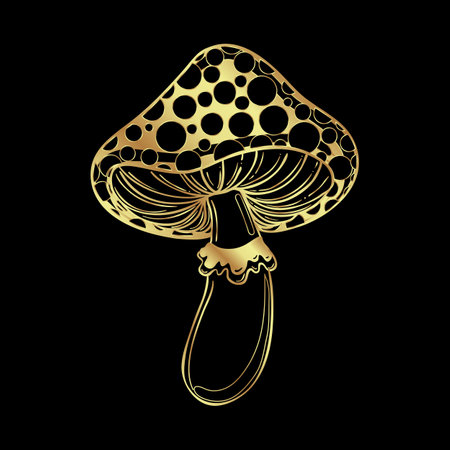 Magic mushrooms. Psychedelic hallucination. Gold vector illustration isolated on black. 60s hippie art. Coloring book for kids and adults.のイラスト素材
