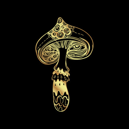 Magic mushrooms. Psychedelic hallucination. Gold vector illustration isolated on black. 60s hippie art. Coloring book for kids and adults.のイラスト素材