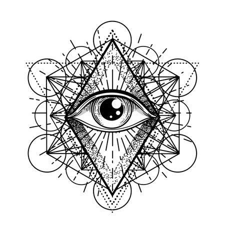 Blackwork tattoo flash. Eye of Providence. Masonic symbol. All seeing eye inside triangle pyramid. New World Order. Sacred geometry, religion, spirituality, occultism. Isolated vector illustration.のイラスト素材