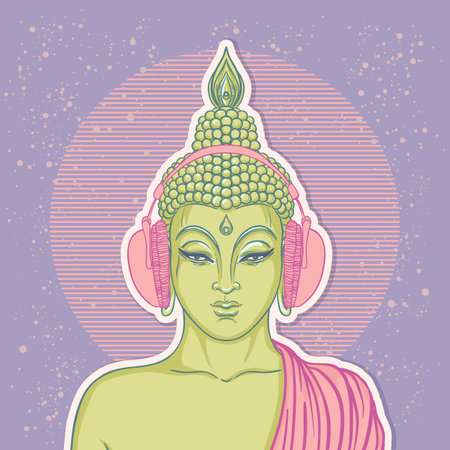Modern Buddha listening to the music in headphones. Vector illustration. Vintage psychedelic composition. Buddhism, trance music. Tattoo, yoga, spirituality.のイラスト素材