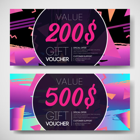 Sale coupon design template in 1980s style. Retro Futurism. Vector futuristic synth wave illustration. 80s Retro poster Background with. Party Flyer.のイラスト素材